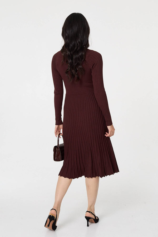 Brown | Pleated Knit Faux Wrap Midi Dress