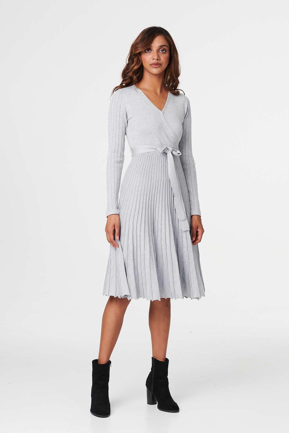 Pleated Tie Waist Knit Midi Dress