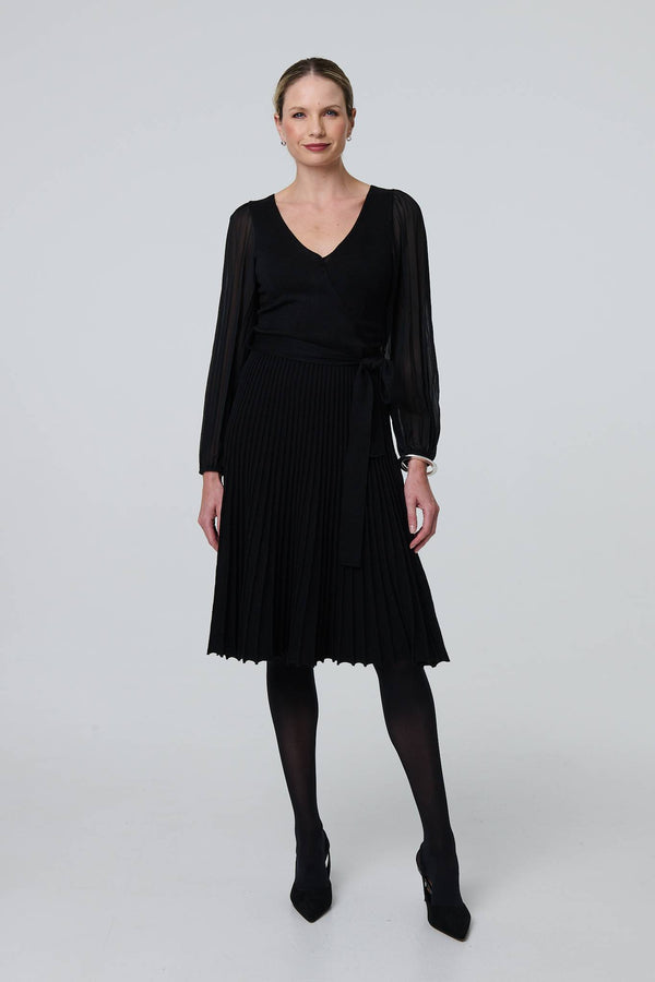 Black | Semi Sheer Pleated Knee length Dress
