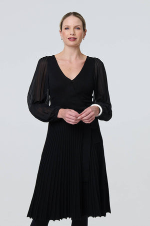 Black | Semi Sheer Pleated Knee Length Dress