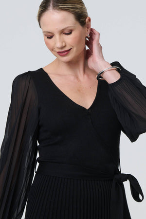 Black | Semi Sheer Pleated Knee Length Dress