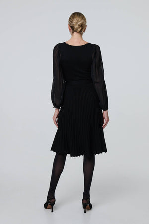 Black | Semi Sheer Pleated Knee Length Dress