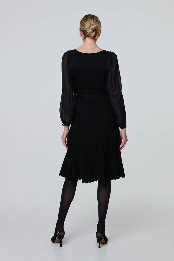 Black | Semi Sheer Pleated Knee length Dress
