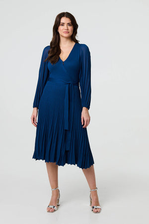 Teal | Semi Sheer Pleated Knee Length Dress