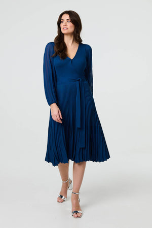 Teal | Semi Sheer Pleated Knee Length Dress