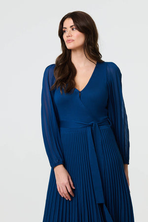 Teal | Semi Sheer Pleated Knee Length Dress