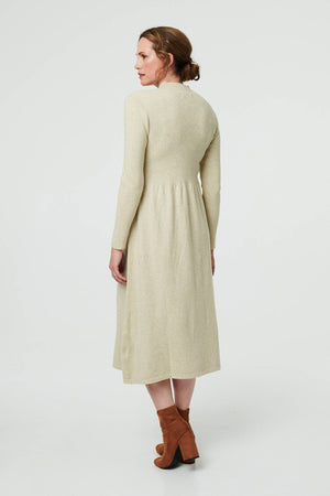 Beige | Textured High Neck Midi Jumper Dress
