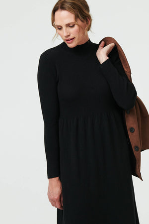 Black | Textured High Neck Midi Jumper Dress
