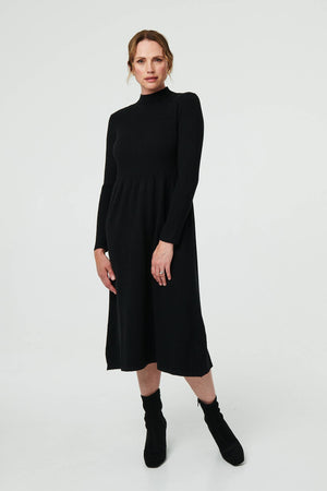 Black | Textured High Neck Midi Jumper Dress
