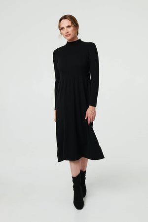 Black | Textured High Neck Midi Jumper Dress
