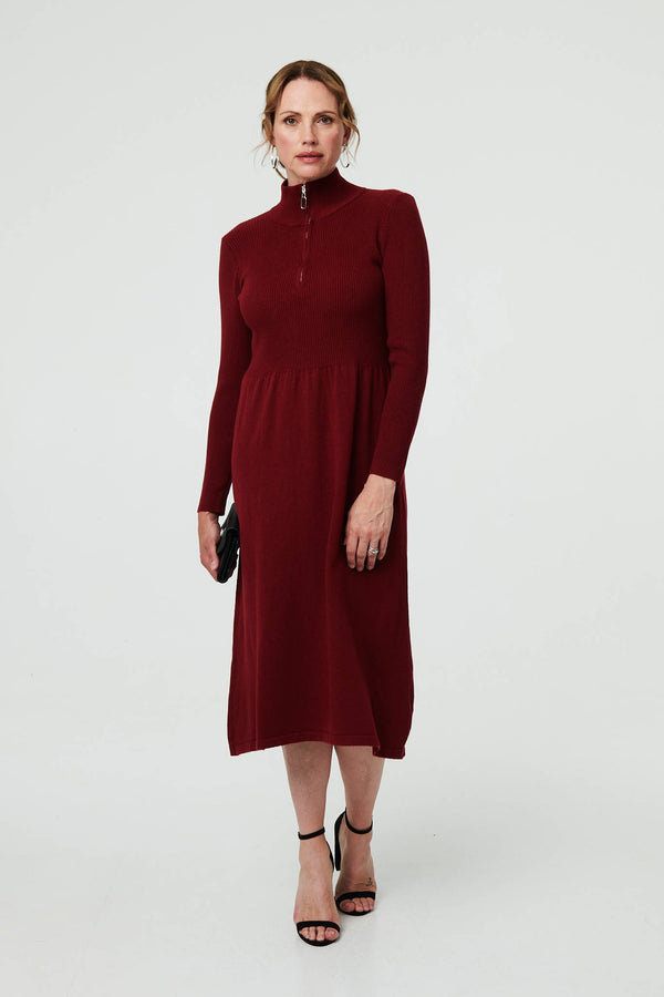 Burgundy | Textured Zip Front Midi Jumper Dress