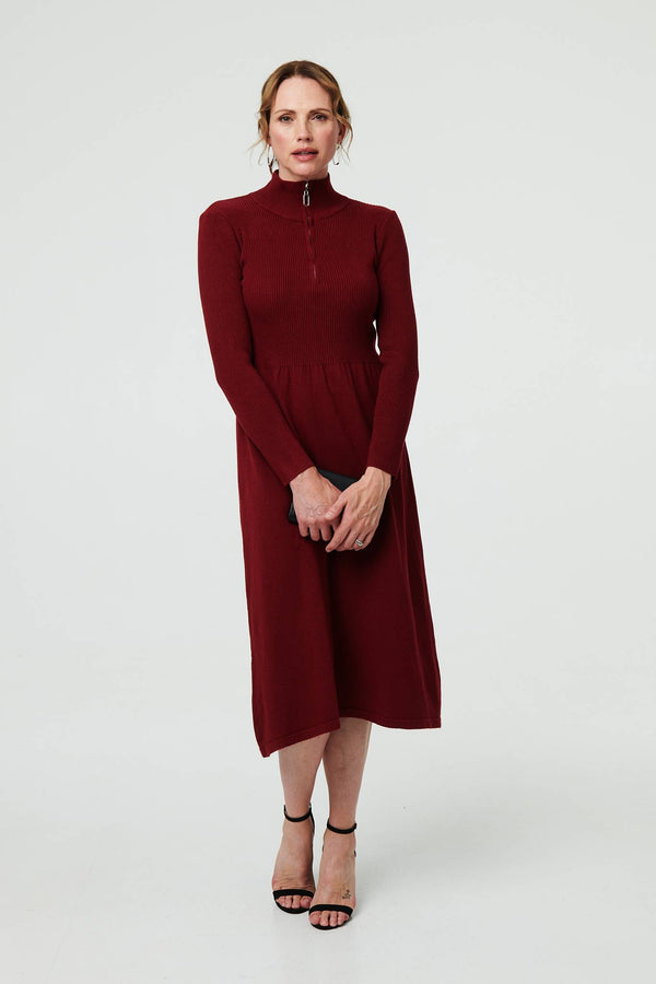 Burgundy | Textured Zip Front Midi Jumper Dress