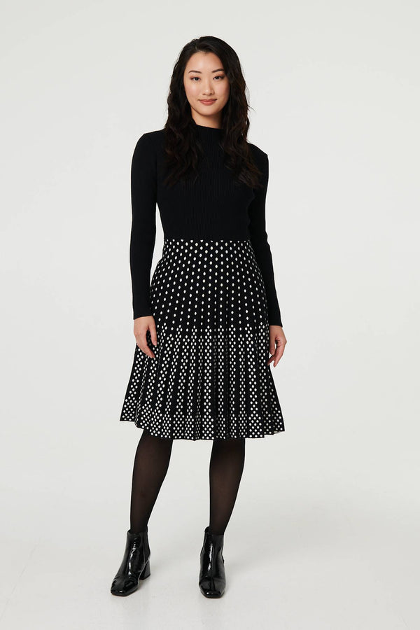 Black | Polka Dot Pleated Knit Skater Midi Dress
