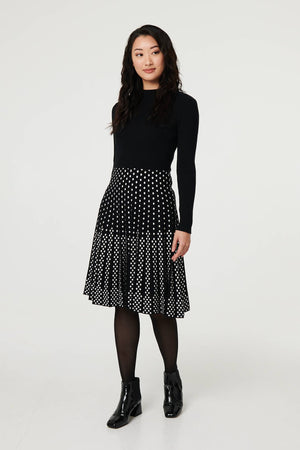 Black | Polka Dot Pleated Knit Skater Midi Dress

