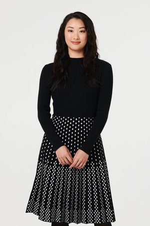 Black | Polka Dot Pleated Knit Skater Midi Dress

