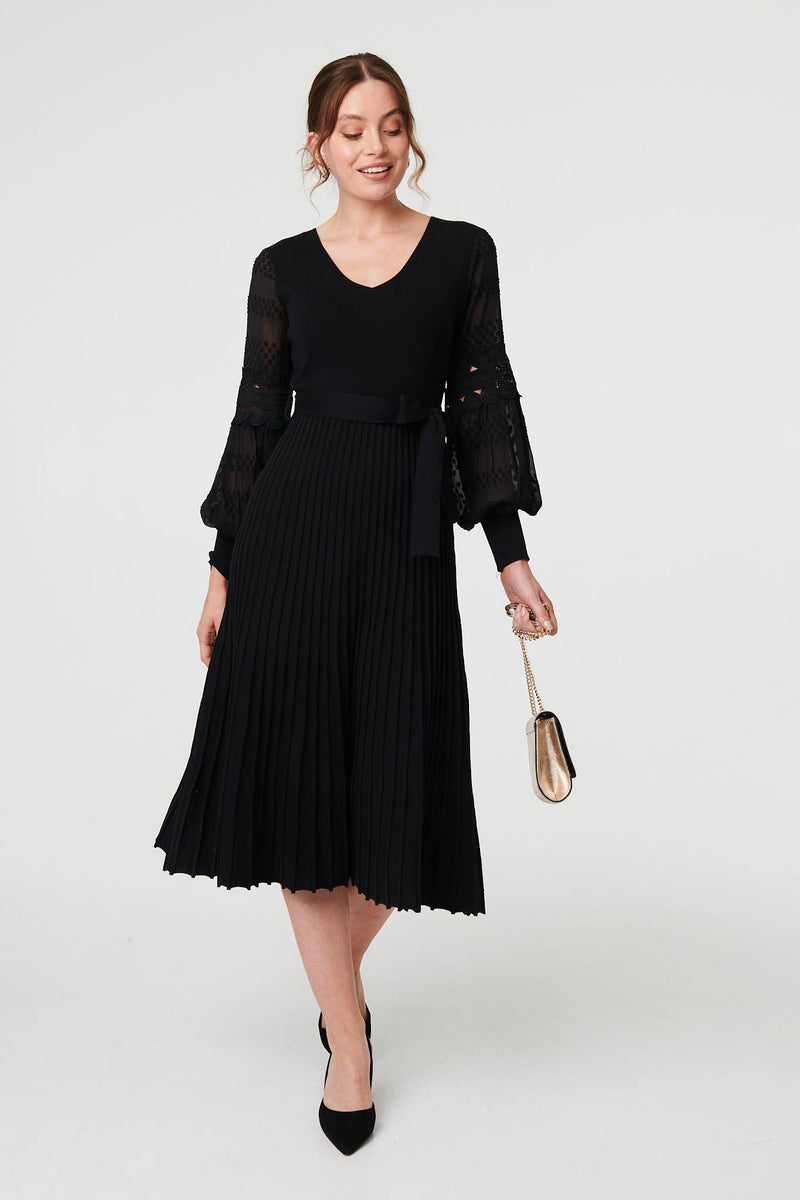 Pleated Lace Puff Sleeve Midi Dress | Izabel London Pleated Lace Puff Sleeve Midi Dress | Izabel London