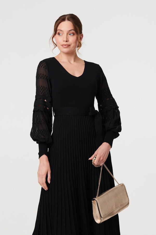 Black | Pleated Lace Puff Sleeve Midi Dress
