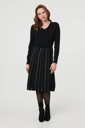Black | Striped Long Sleeve Midi Knit Dress : Model is 5'9