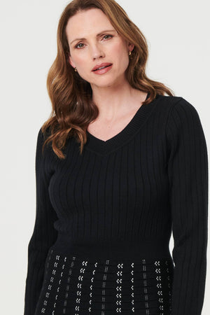 Black | Striped Long Sleeve Midi Knit Dress