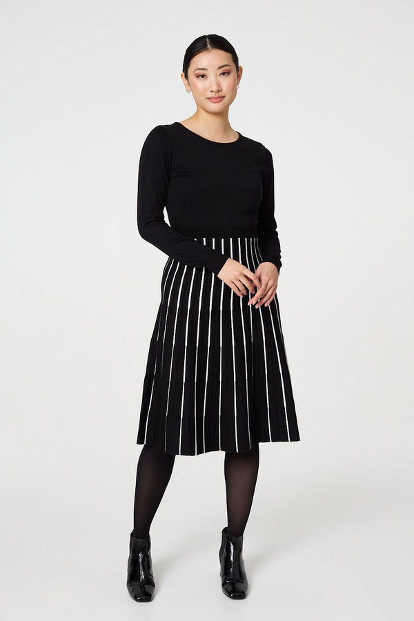 Black | Striped Pleat Skirt Knitted Midi Dress
