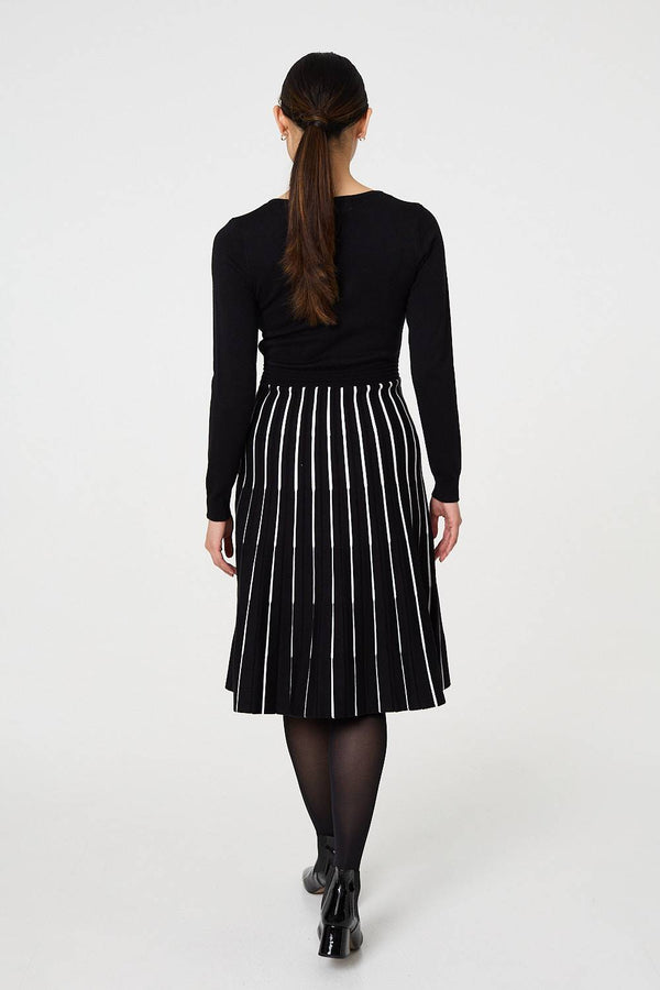 Black | Striped Pleat Skirt Knitted Midi Dress
