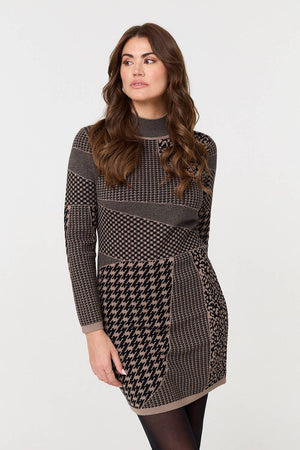 Beige | Printed High Neck Bodycon Mini Dress
