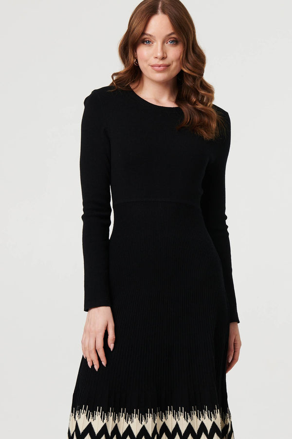 Black | Border Print Knee Length Knit Dress
