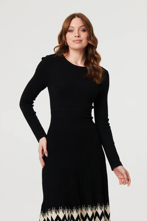 Black | Border Print Knee Length Knit Dress

