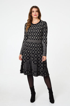 Black | Geo Print Knit Skater Midi Dress
