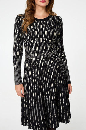 Black | Geo Print Knit Skater Midi Dress
