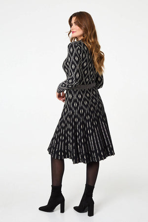 Black | Geo Print Knit Skater Midi Dress
