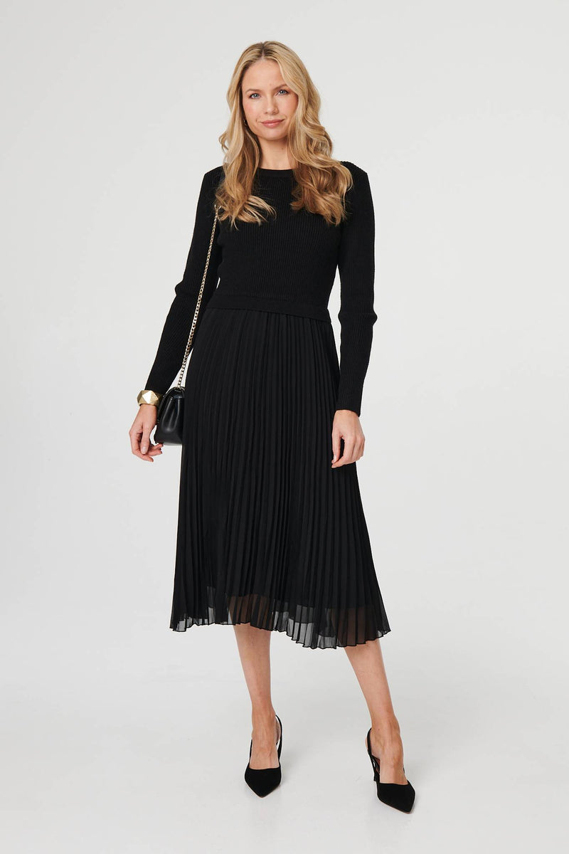 Black | Knit Long Sleeve Ruched Maxi Dress
