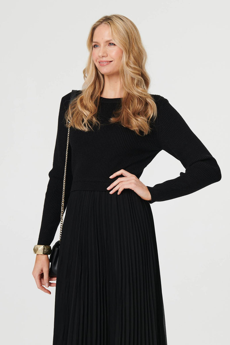 Black | Knit Long Sleeve Ruched Maxi Dress
