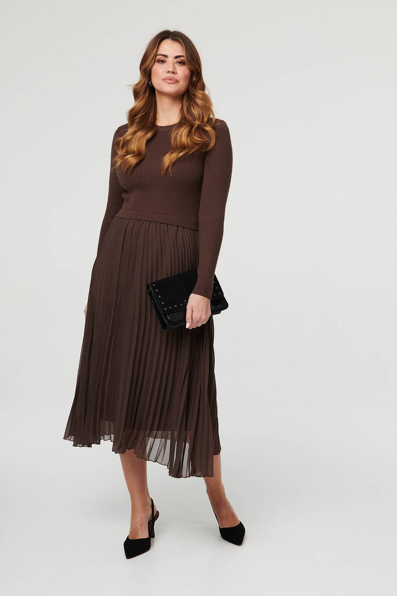 Brown | Knit Long Sleeve Ruched Maxi Dress
