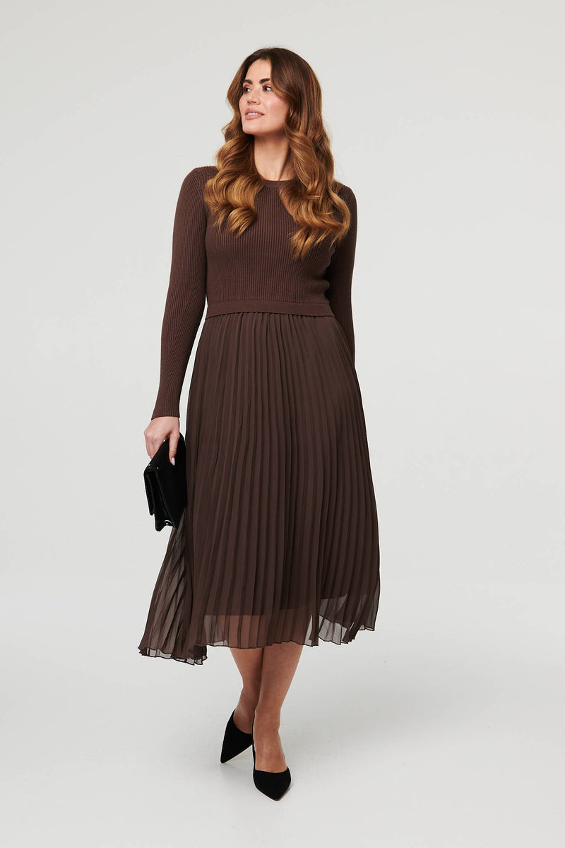 Brown | Knit Long Sleeve Ruched Maxi Dress
