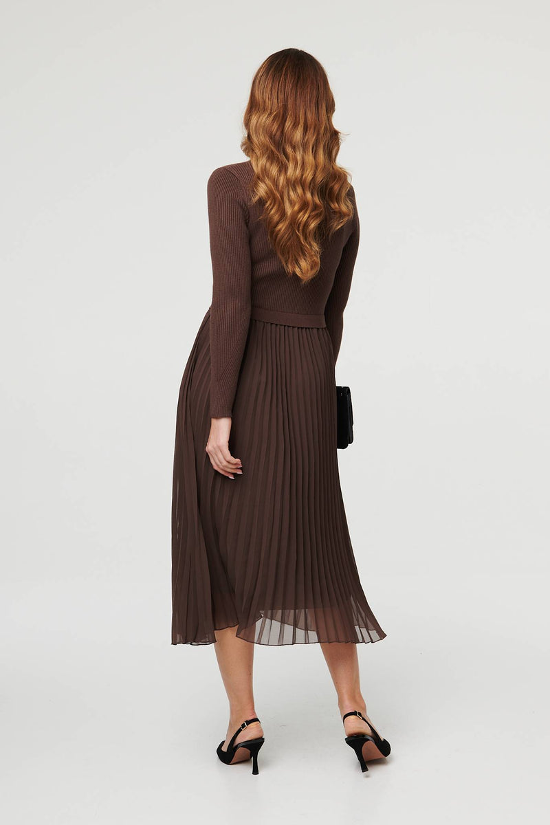 Brown | Knit Long Sleeve Ruched Maxi Dress
