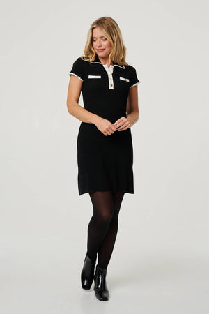 Black | Button Front Collared Knit Dress
