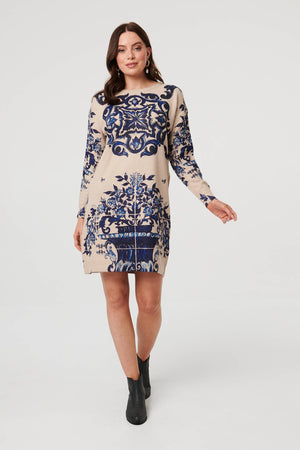 Beige | Baroque Print Short Jumper Dress
