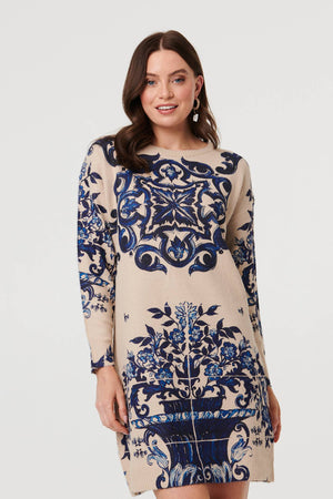 Beige | Baroque Print Short Jumper Dress
