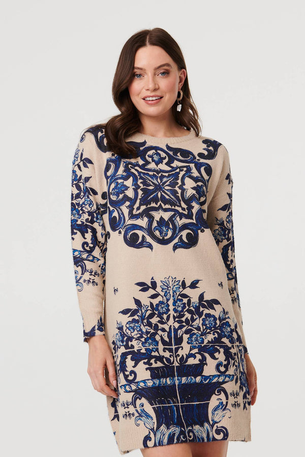 Beige | Baroque Print Short Jumper Dress
