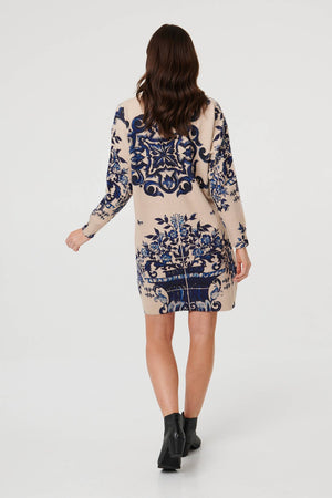 Beige | Baroque Print Short Jumper Dress
