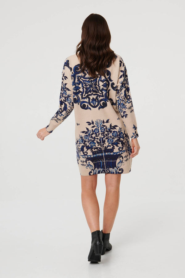 Beige | Baroque Print Short Jumper Dress
