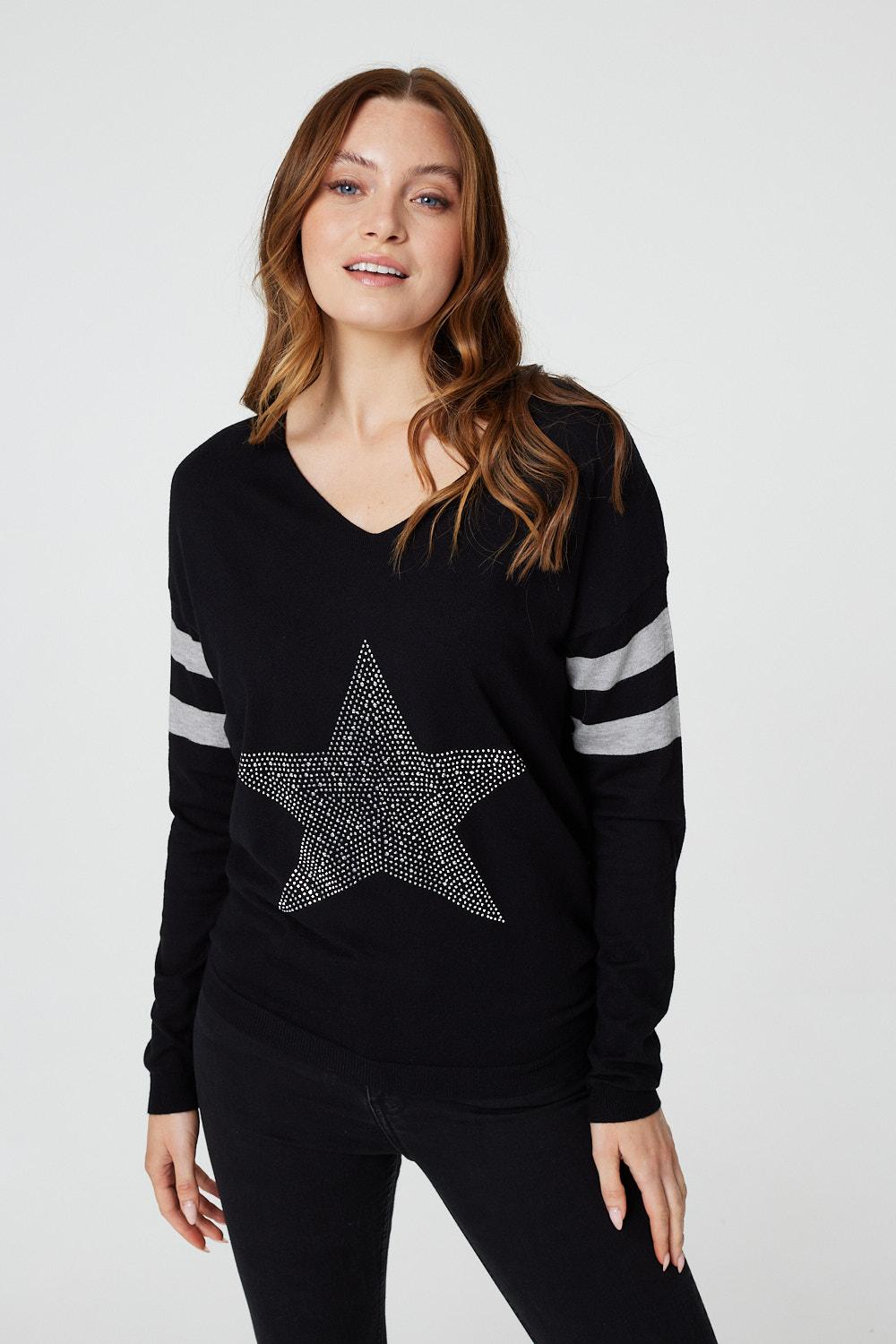 Black | Star Embellished Knit Jumper : Model is 5'9"/175 cm and wears UK8/EU36/US4/AUS8