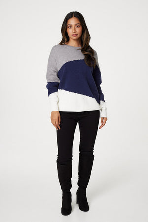Navy | Colour Block Relaxed Knit Sweater : Model is 5'7.5
