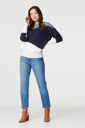 Navy | Colour Block Relaxed Knit Sweater : Model is 5'9