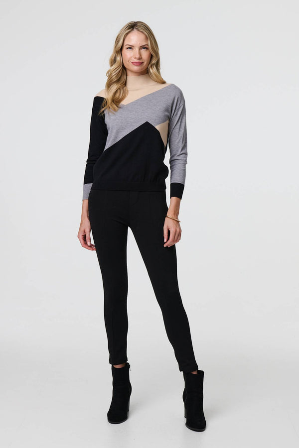 Grey | Colour Block High Neck Slim Jumper
