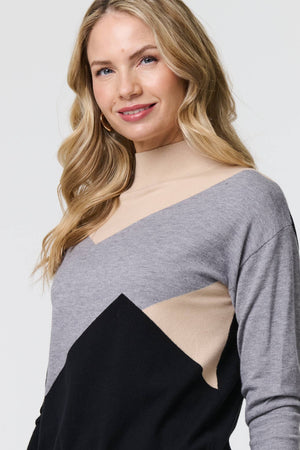 Grey | Colour Block High Neck Slim Jumper
