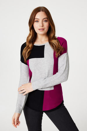 Grey | Colour Block Curve Knit Top : Model is 5'9"/175 cm and wears UK8/EU36/US4/AUS8