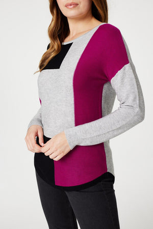 Grey | Colour Block Curve Knit Top