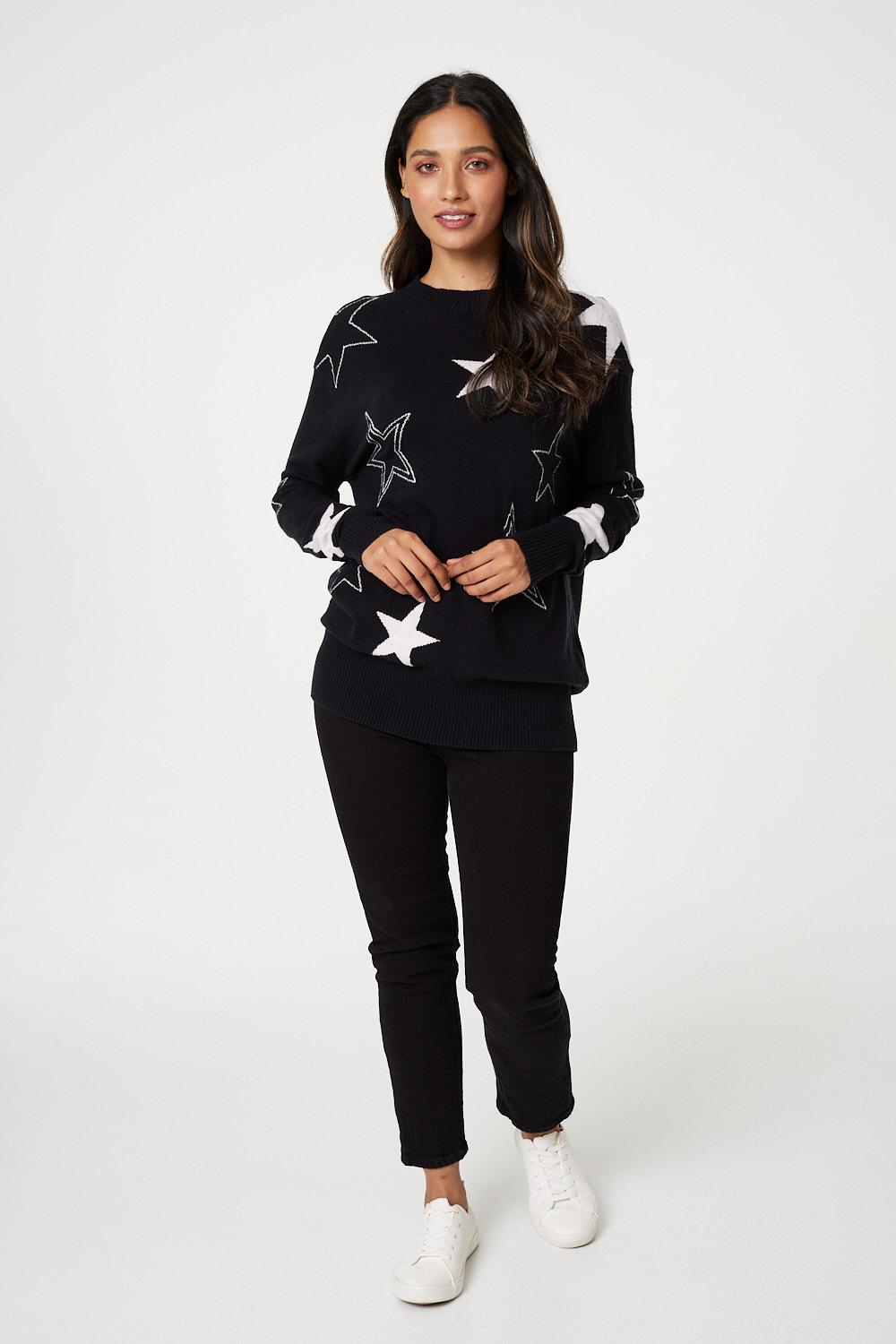 Black | Star Print Relaxed Fit Knit Top